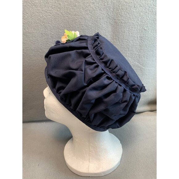 Handmade Navy Blue Ruffled Vintage Hat with Floral Accent by Pauline Boyer 21" - Picture 5 of 9